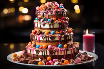 Three-tier birthday cake decorated with colorful sweets and chocolate. Generative AI.