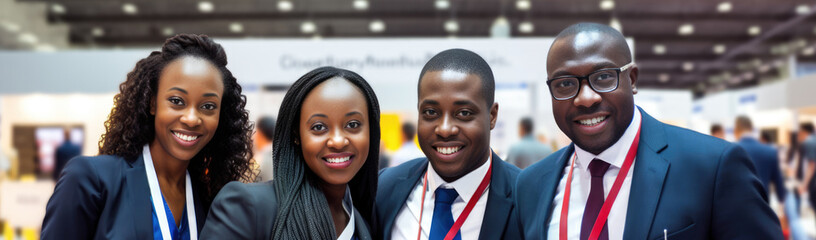 Black businesspeople teamwork posing smiling looking at the camera at a business industry expo convention center meeting. Concept image for a international exhibition, conference center, event fair - obrazy, fototapety, plakaty