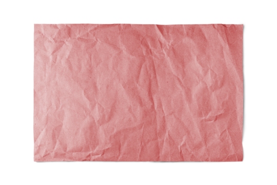 Red crumpled rectangle sheet of paper with smooth edge isolated on white, transparent background, PNG. Recycled craft paper wrinkled, creased texture. Template, mockup with copy space for text.