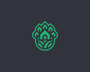 Creative modern green line water drop with house and tree logo