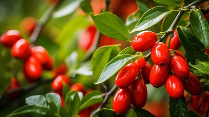 Luscious Red Goji Berries. Vibrant Close-Up Amidst Verdant Green Leaves