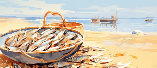 In a bustling seaside town, a whiff of fried fish wafted through the air as the locals lined up to savor the crispy, golden mackerel in their white baskets; the aroma of this healthy, fresh seafood - obrazy, fototapety, plakaty