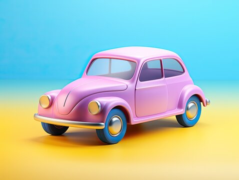 3d render pink car with yellow and blue background. modern minimal concept for web, presentation, wallpaper, illustration. simple design