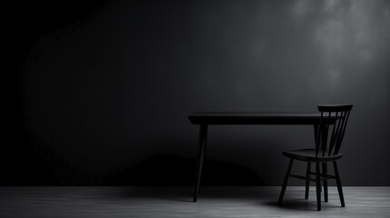 Black table and chair in dark black room. Copy space. 