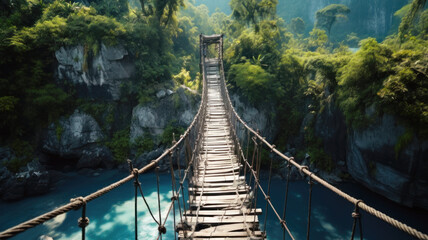 Fototapeta premium Suspension wooden bridge across tropical river, old dangerous footbridge, perspective view. Scenery of green jungle and blue water. Concept of travel, adventure, nature, path
