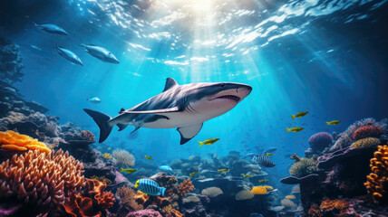 Fototapeta na wymiar White shark and fish swim underwater near coral reefs, wild sea predator in blue water. Theme of ocean life, teeth, wildlife, travel, marine nature