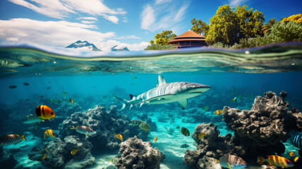 Shark swims underwater near resort beach, wild sea predator and fish in blue water. View of sky and...