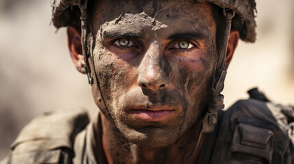 Eyes of tired soldier during war, muddy face of depressed veteran close-up. Portrait of serious Israeli army man after battle. Concept of Israel, ptsd, stress, military