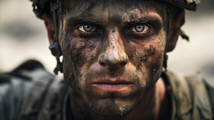 Portrait of soldier during war close-up, muddy face of tired veteran in helmet. Eyes of dirty depressed army man after battle. Concept of ptsd, stress, military, dirt - obrazy, fototapety, plakaty