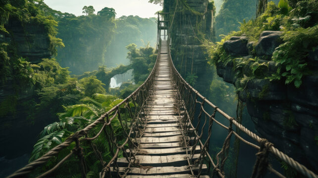 Fototapeta Old suspension wooden bridge in tropical mountains, perspective view of hanging vintage footbridge. Scenery of green jungle. Concept of travel, adventure, nature, fantasy