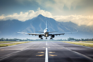 Fototapeta na wymiar Front view of airplane taking off from runaway airport. Majestic mountains as background