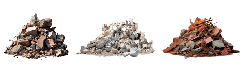 Three piles of construction rubble over isolated transparent background - obrazy, fototapety, plakaty