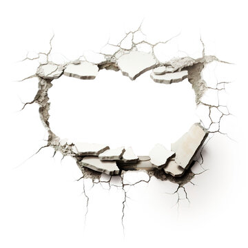 Building wall cracking with big whole in blank with isolated transparent background