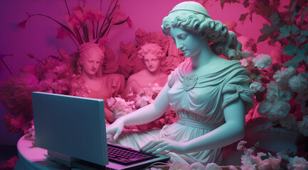 Antique-like statue of a woman at a computer with flowers and two statues beside her. Funny computing concept. Pink background.