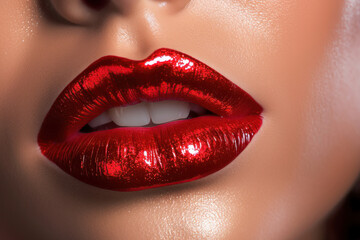 Fototapeta premium Close-up of full lips with vibrant red lipstick