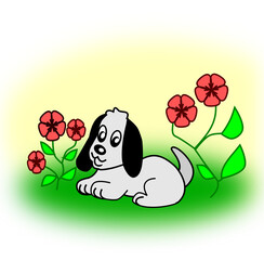 A small dog is resting between some red flowers.
