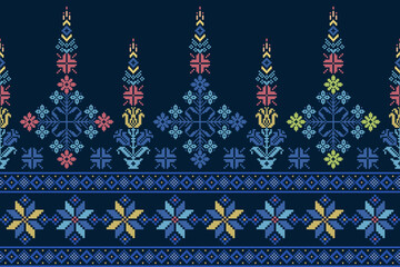 Abstract ethnic pixel border pattern flower design. Aztec fabric boho mandalas India sari borders textile wallpaper. Tribal native motif African American saree border elegant embroidery vector backgro