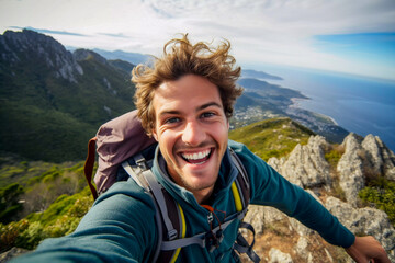 Naklejka premium Handsome young man hiking high on a mountain side overlooking the blue sea taking a selfie outdoor lifestyle Peace of Mind and wellbeing