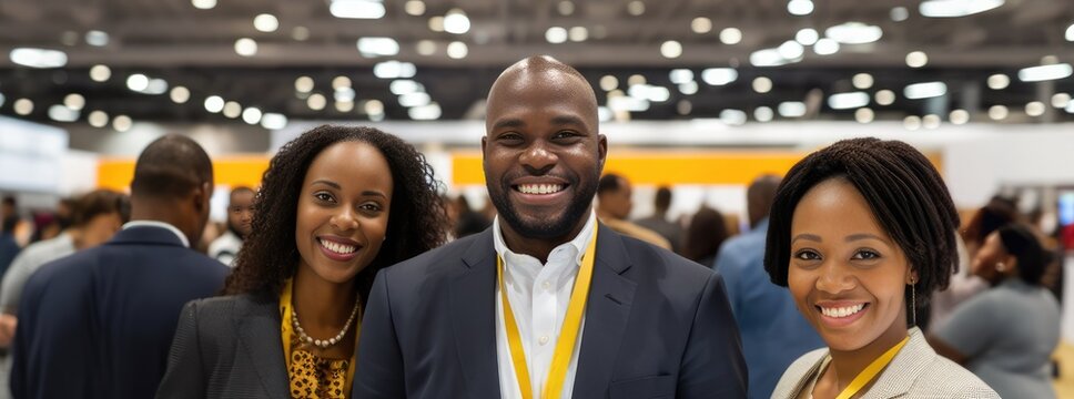 Black businesspeople teamwork posing smiling looking at the camera at a business industry expo convention center meeting. Concept image for a international exhibition, conference center, event fair