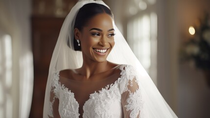 Portrait of a beautiful bride wearing her wedding dress and veil