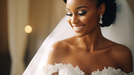 Portrait of a beautiful bride wearing her wedding dress and veil - obrazy, fototapety, plakaty