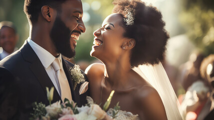 Bride and groom laughing on their wedding day - Powered by Adobe