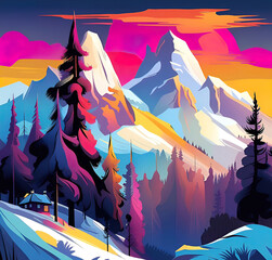 Winter mountain landscape with small cozy house, Vector illustration. beautiful graphic...