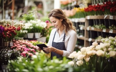 Small flower shop business owner woman managing shop with digital tablet
