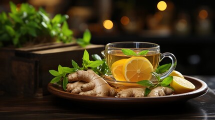 Cup of ginger tea with lemon and mint on wooden table