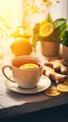 Cup of ginger tea with lemon and mint on wooden table