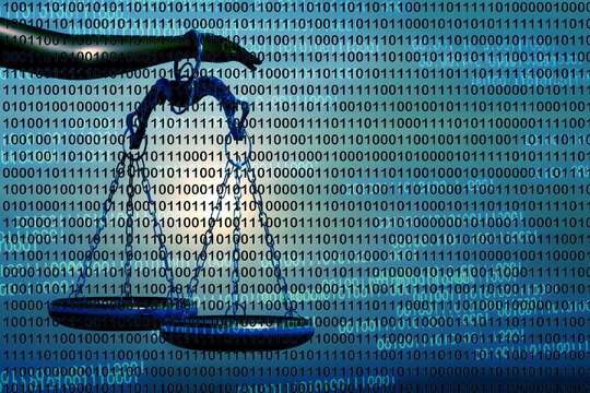 Law digital technology concept. Artificial intelligence lawyer idea with justice scales on binary code numbers background. 3D render illustration.