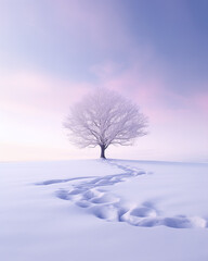 Fototapeta na wymiar Snowbound Serenity: Lone Tree Amidst Soft Pastels