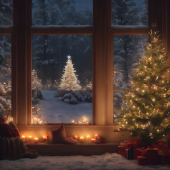 Warm New Year's atmosphere in the house with a decorated Christmas tree and burning candles
