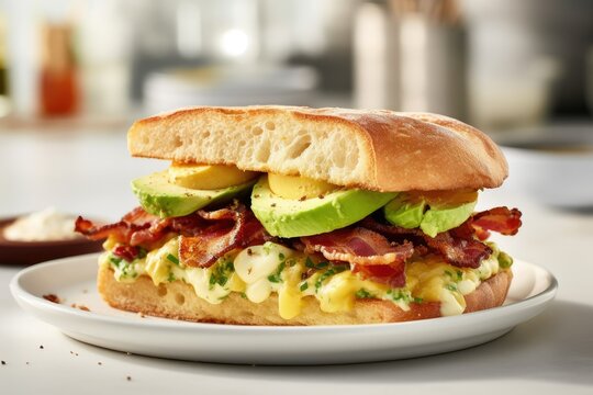 Delicious sandwich with scrambled eggs, bacon and avocado. Healthy breakfasts. Menu - Powered by Adobe