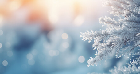 Beautiful winter background image of frosted spruce branches and small drifts of pure snow with bokeh Christmas lights and space for text.