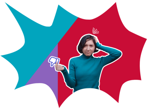 Creative photo, collage illustration of a young girl, she has an annoyed expression and holds in her hand a like emoticon, for social media. colorful drawing background has space for text.