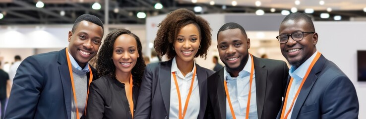 Black businesspeople teamwork posing smiling looking at the camera at a business industry expo convention center meeting. Concept image for a international exhibition, conference center, event fair - obrazy, fototapety, plakaty