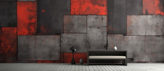 The vintage design of the retro abstract wallpaper showcased a striking combination of black and red colors, with grunge texture giving it an old, industrial feel reminiscent of the abstract metal - obrazy, fototapety, plakaty