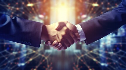 Close up of business people shaking hands against technology background, leader, teamwork, target, Aim, confident, achievement, goal, on plan, finish, generate by AI