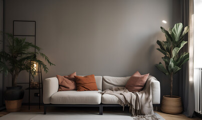 Modern Minimalist Living Room with Warm Earth Tones and Lush Greenery