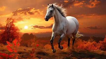 In the summer, amidst the serene embrace of nature's vibrant green landscape, a majestic white horse with flowing black hair roams freely, its eyes a captivating shade of orange and black, reflecting - Powered by Adobe