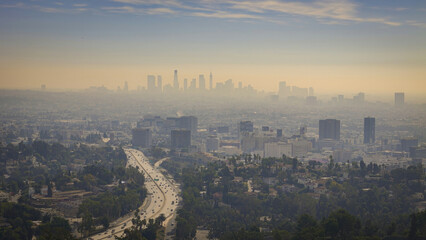 Fototapeta na wymiar Aerial view over Los Angeles from Mulholland Drive - Los Angeles Drone footage - aerial photography