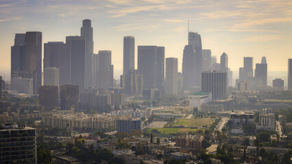 Downtown Los Angeles in the mist - aerial view - Los Angeles Drone footage - aerial photography