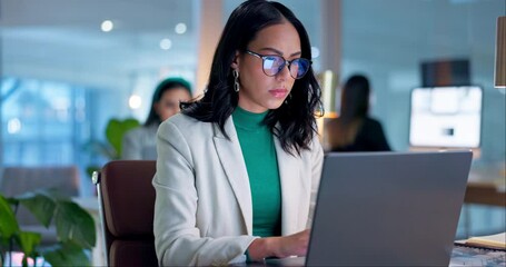Face, businesswoman and typing on laptop in office for late, work or communication by email in web. Person, entrepreneur and thinking for reading of strategy, planning or report with idea for vision - Powered by Adobe