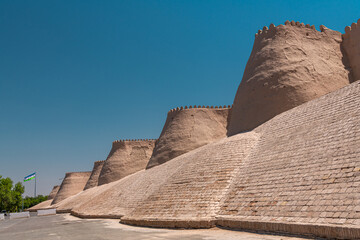 Fototapeta na wymiar Defensive walls of Itchan Kala, inner town of the city of Khiva, Uzbekistan