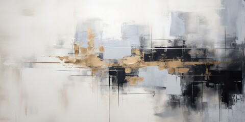 Abstract outlines a painting characterized by golden accents, utilizing an expressive black and white style using shades of navy blue and gold.