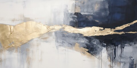 Abstract outlines a painting characterized by golden accents, utilizing an expressive black and white style using shades of navy blue and gold.