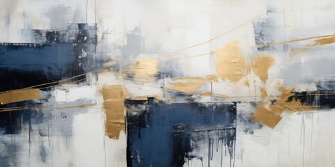 Abstract outlines a painting characterized by golden accents, utilizing an expressive black and white style using shades of navy blue and gold.