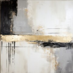 Abstract outlines a painting characterized by golden accents, utilizing an expressive black and white style using shades of navy blue and gold.