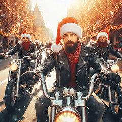 Santa Clauses ride around the city on motorcycles. Bikers dressed as Santa Clauses ride through the city. Convoy of Santa Clauses on motorcycles on city streets. - obrazy, fototapety, plakaty